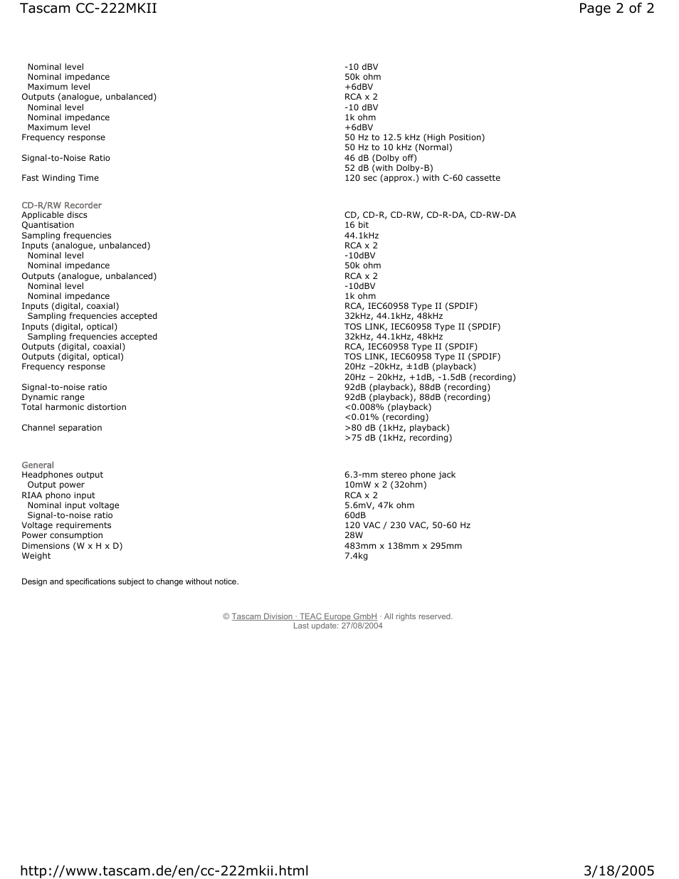 Tascam CD RECORDER/CASSETTE DECK CC-222MKII User Manual | Page 2 / 2