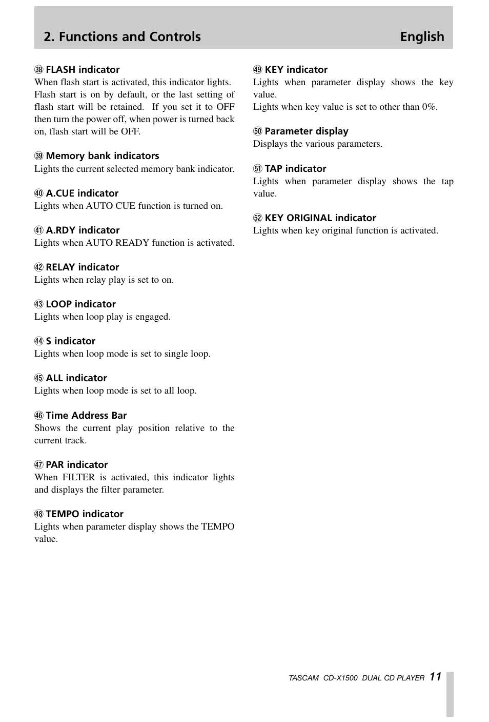 Functions and controls english | Tascam CD-X1500 User Manual | Page 11 / 40