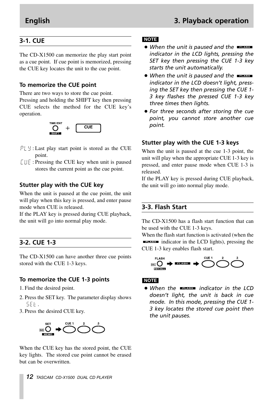 English 3. playback operation | Tascam CD-X1500 User Manual | Page 12 / 40