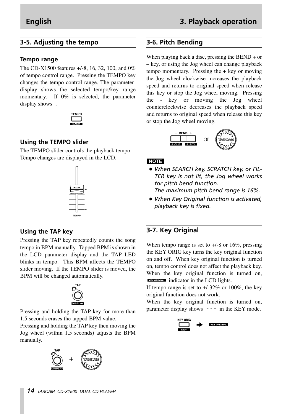 English 3. playback operation | Tascam CD-X1500 User Manual | Page 14 / 40