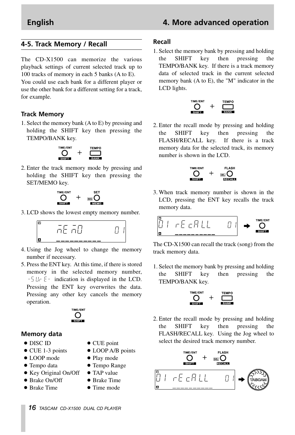 English 4. more advanced operation | Tascam CD-X1500 User Manual | Page 16 / 40