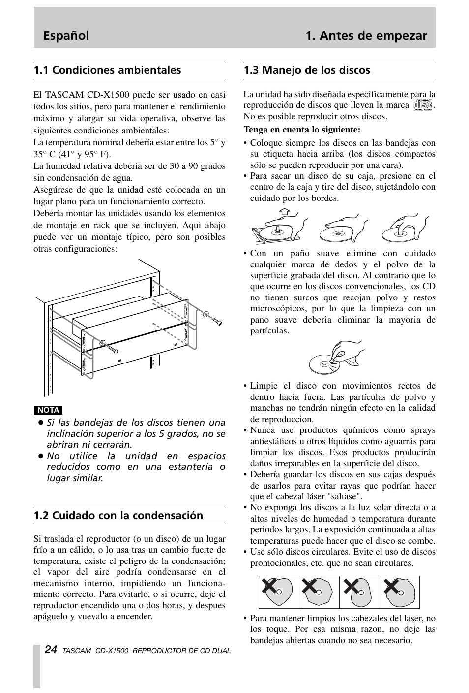 Español 1. antes de empezar | Tascam CD-X1500 User Manual | Page 24 / 40