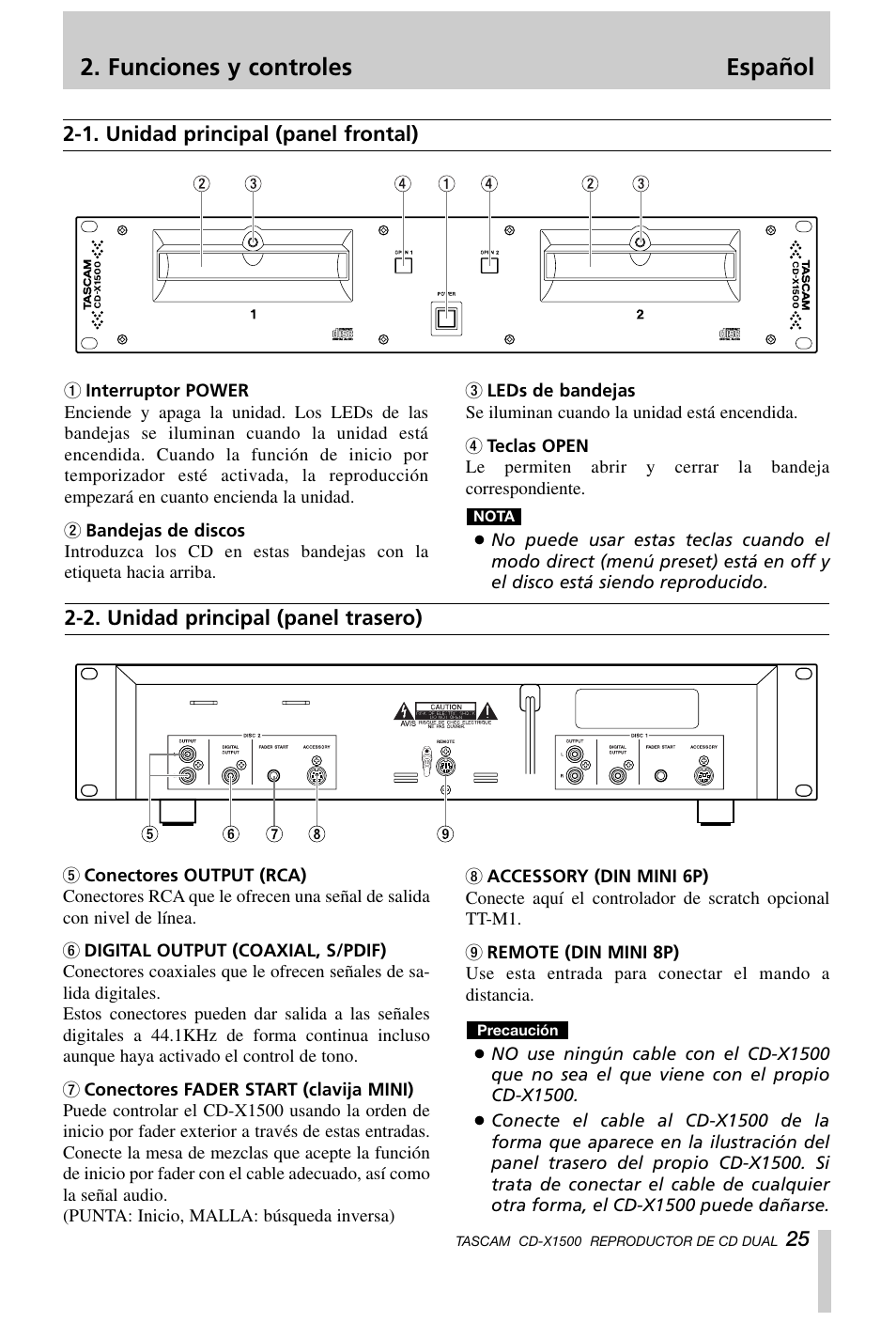 Funciones y controles español | Tascam CD-X1500 User Manual | Page 25 / 40