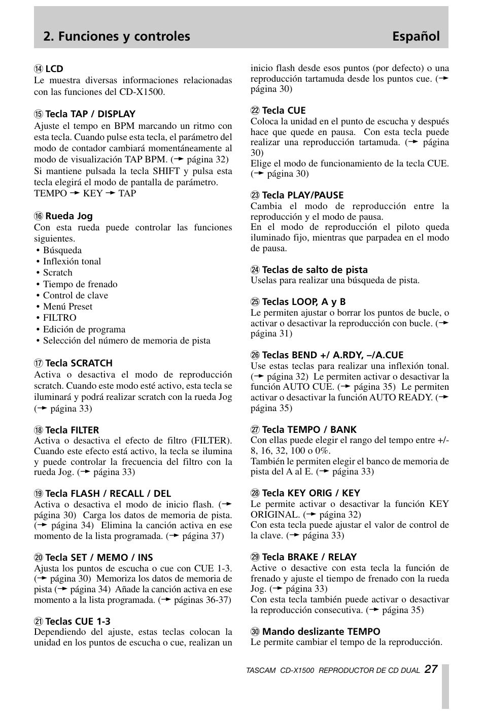 Funciones y controles español | Tascam CD-X1500 User Manual | Page 27 / 40