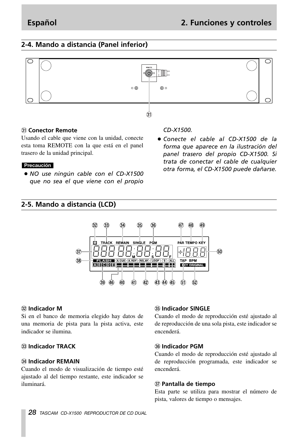 Español 2. funciones y controles | Tascam CD-X1500 User Manual | Page 28 / 40