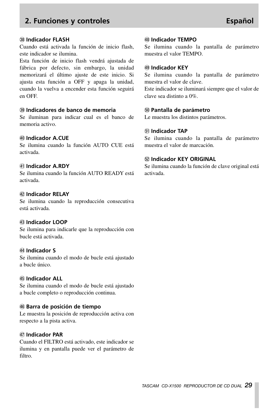 Funciones y controles español | Tascam CD-X1500 User Manual | Page 29 / 40