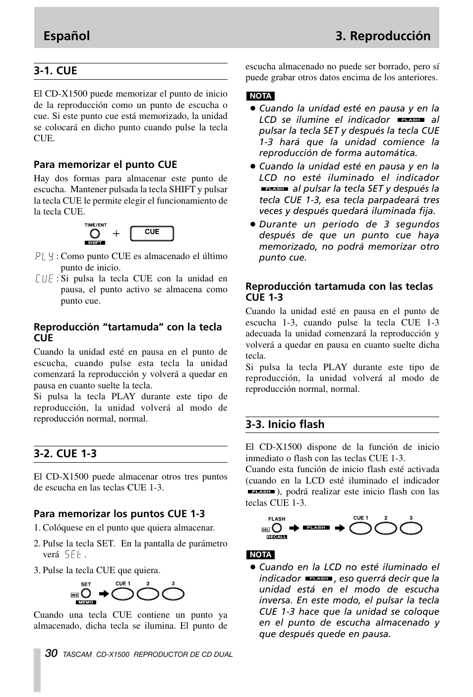 Español 3. reproducción | Tascam CD-X1500 User Manual | Page 30 / 40