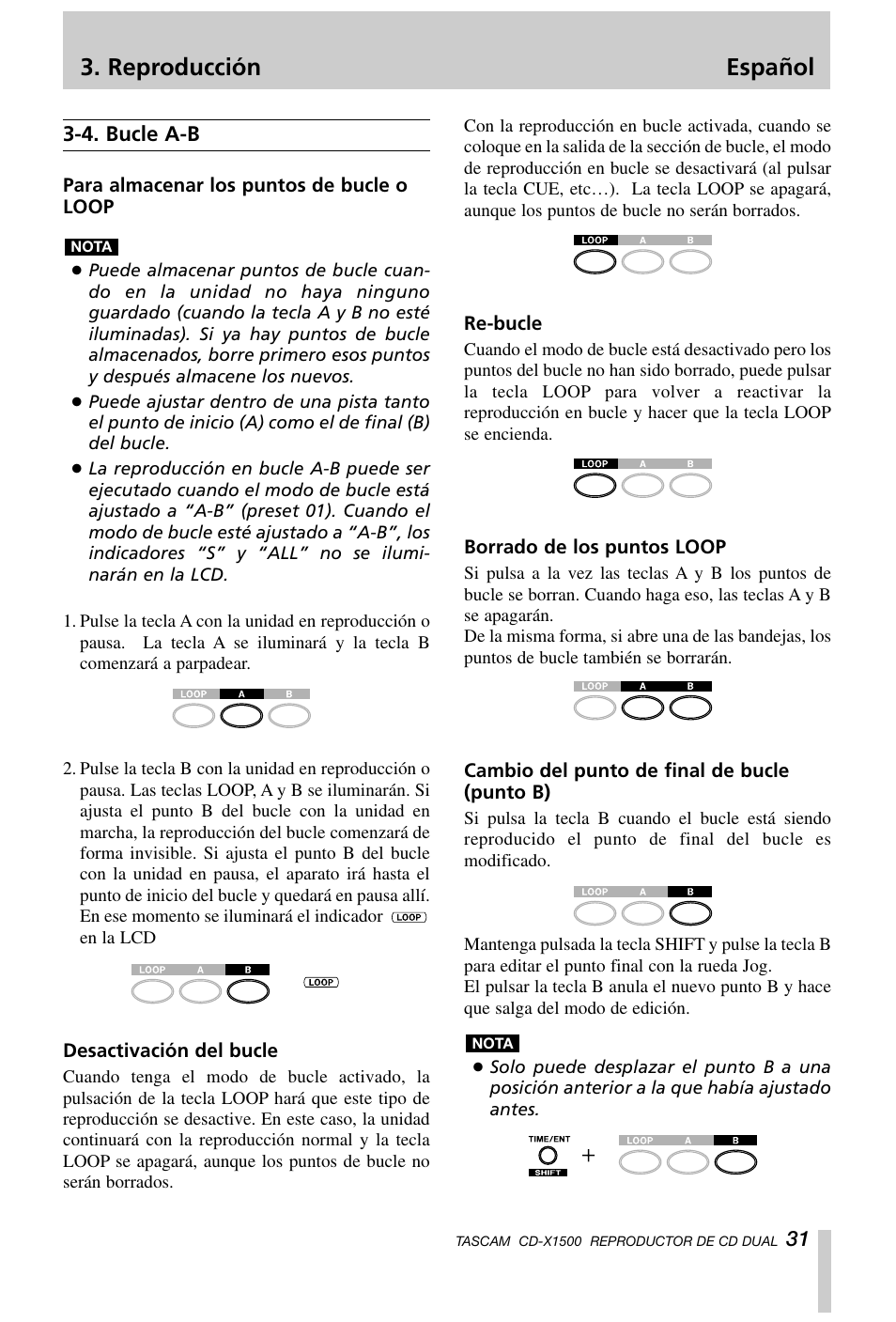 Reproducción español | Tascam CD-X1500 User Manual | Page 31 / 40
