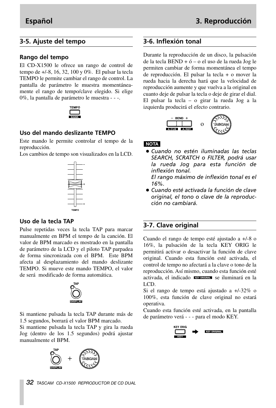 Español 3. reproducción | Tascam CD-X1500 User Manual | Page 32 / 40