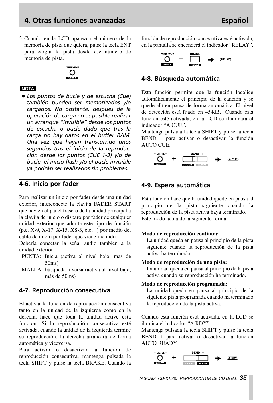 Otras funciones avanzadas español | Tascam CD-X1500 User Manual | Page 35 / 40