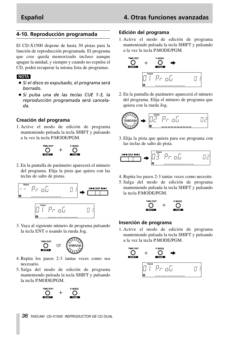 Español 4. otras funciones avanzadas | Tascam CD-X1500 User Manual | Page 36 / 40
