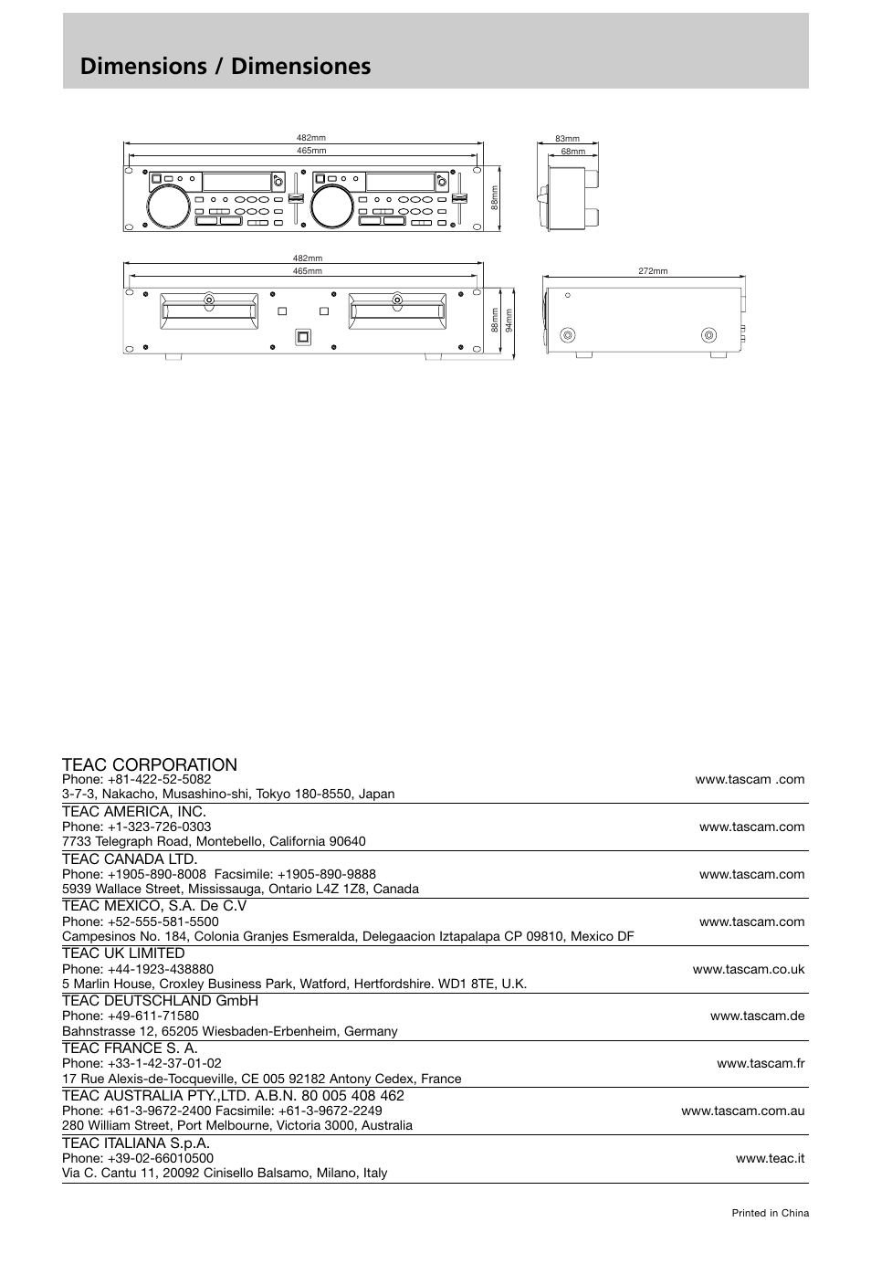 Dimensions / dimensiones, Teac corporation | Tascam CD-X1500 User Manual | Page 40 / 40