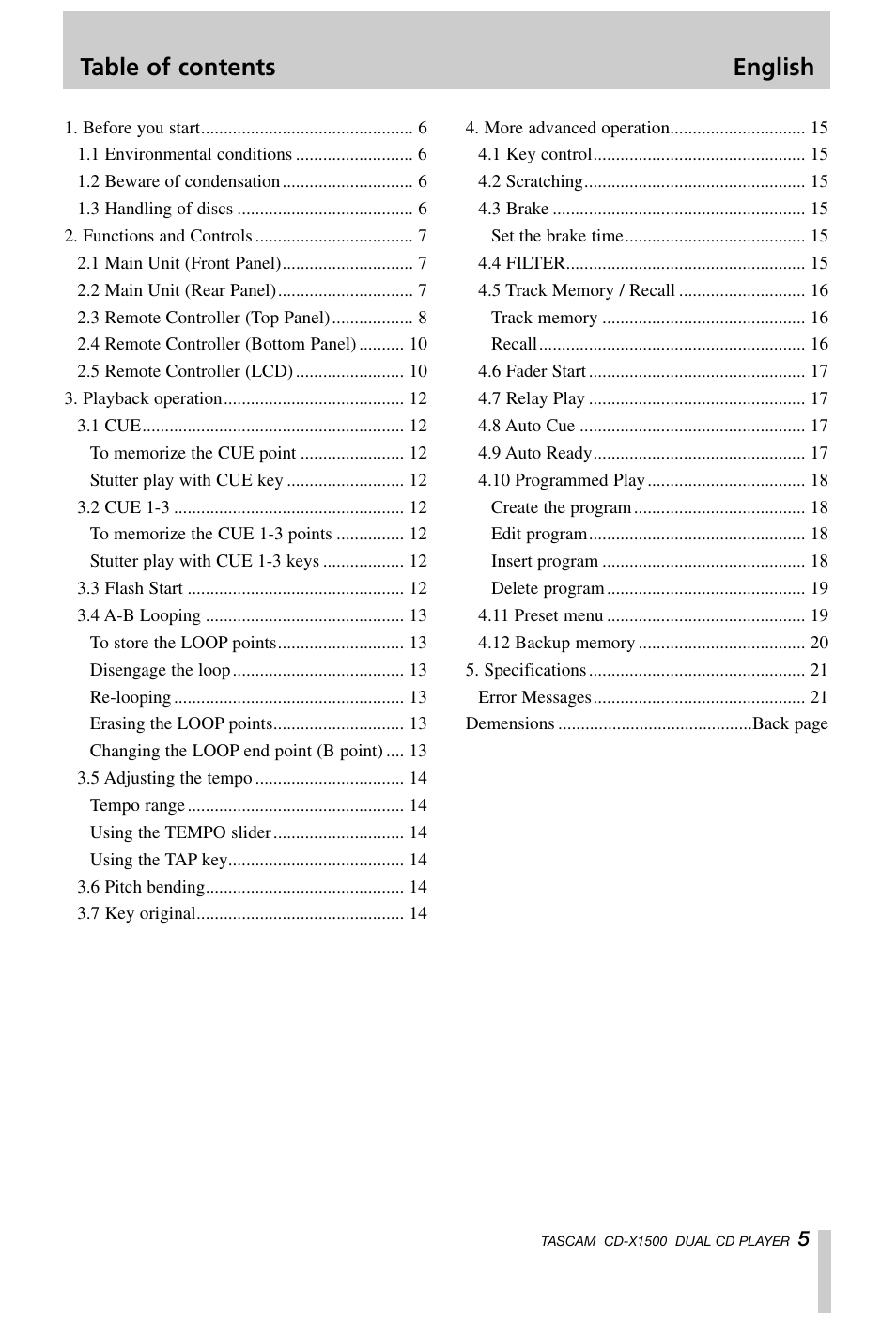 Table of contents english | Tascam CD-X1500 User Manual | Page 5 / 40