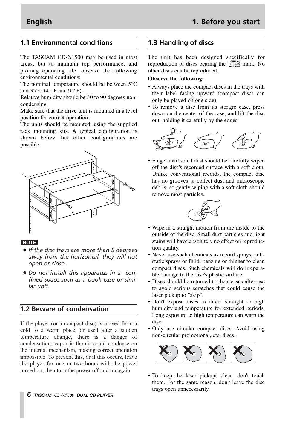 English 1. before you start | Tascam CD-X1500 User Manual | Page 6 / 40