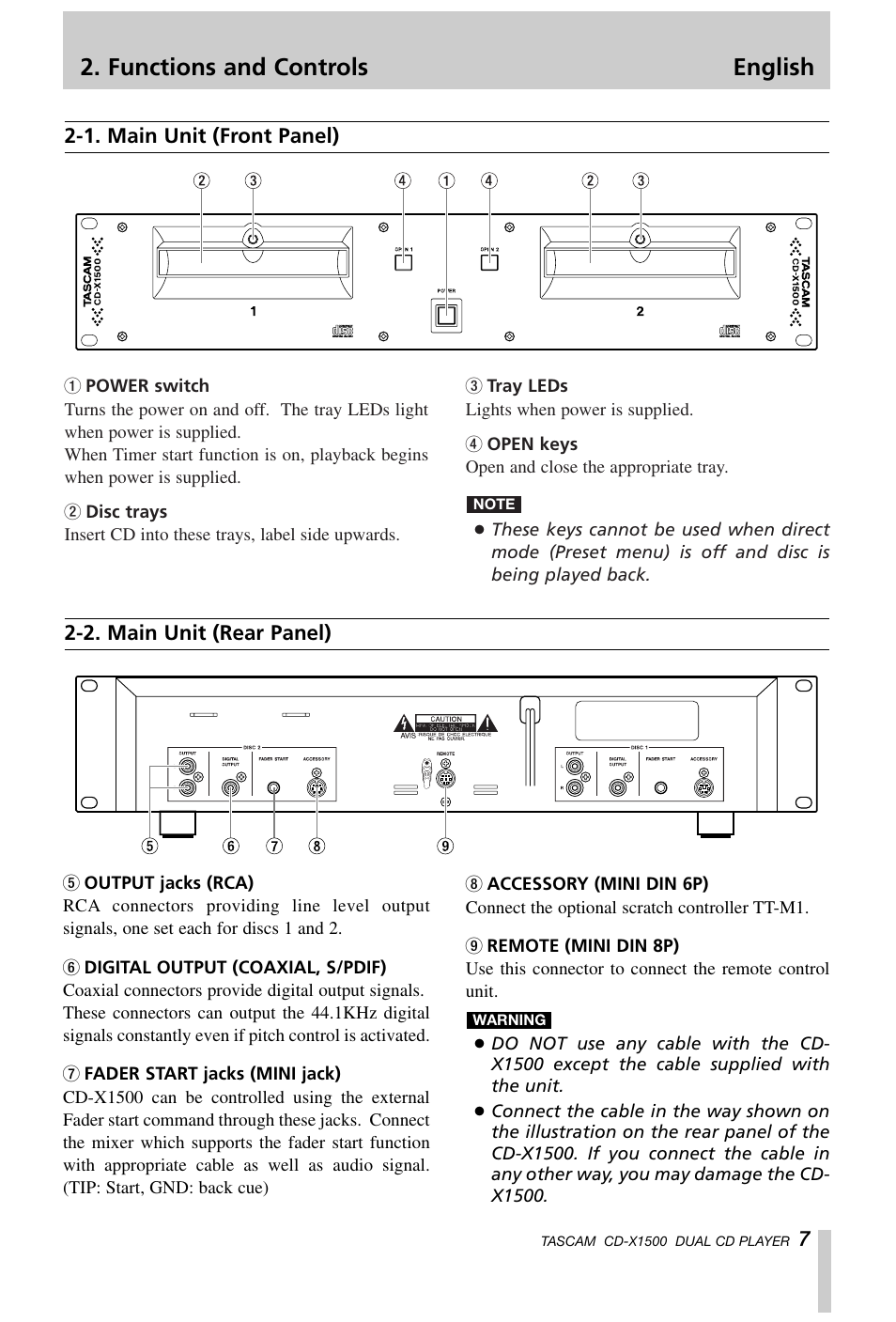 Functions and controls english | Tascam CD-X1500 User Manual | Page 7 / 40