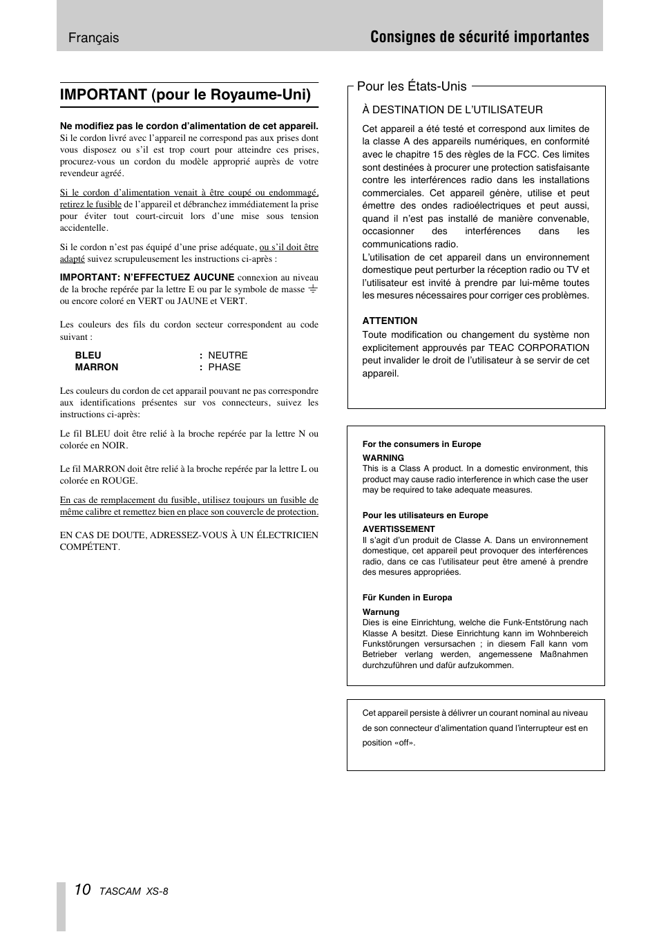 Consignes de sécurité importantes, Important (pour le royaume-uni), Français | Pour les états-unis | Tascam XS-8 User Manual | Page 10 / 40