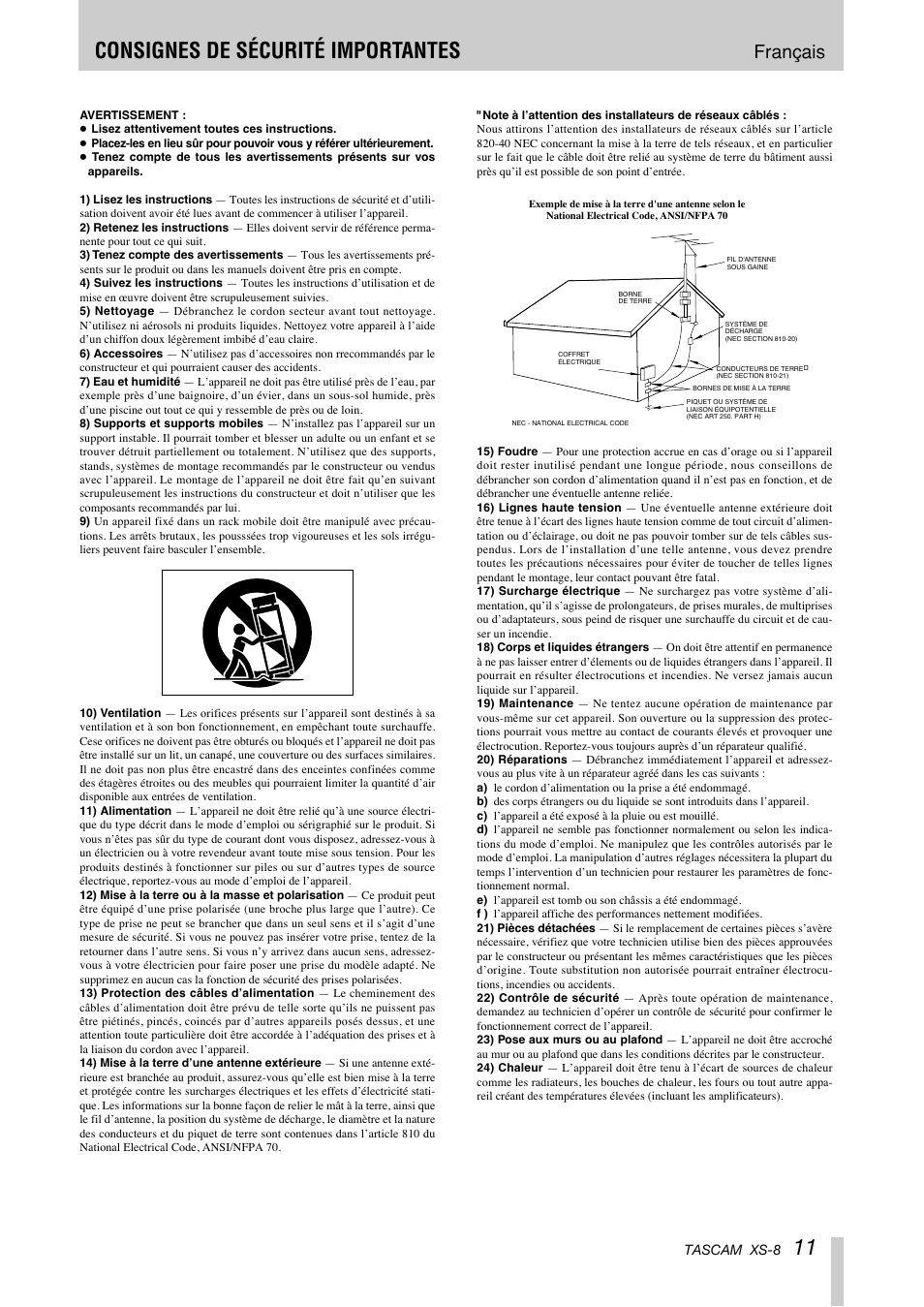 11 consignes de sécurité importantes, Français, Tascam xs-8 | Tascam XS-8 User Manual | Page 11 / 40