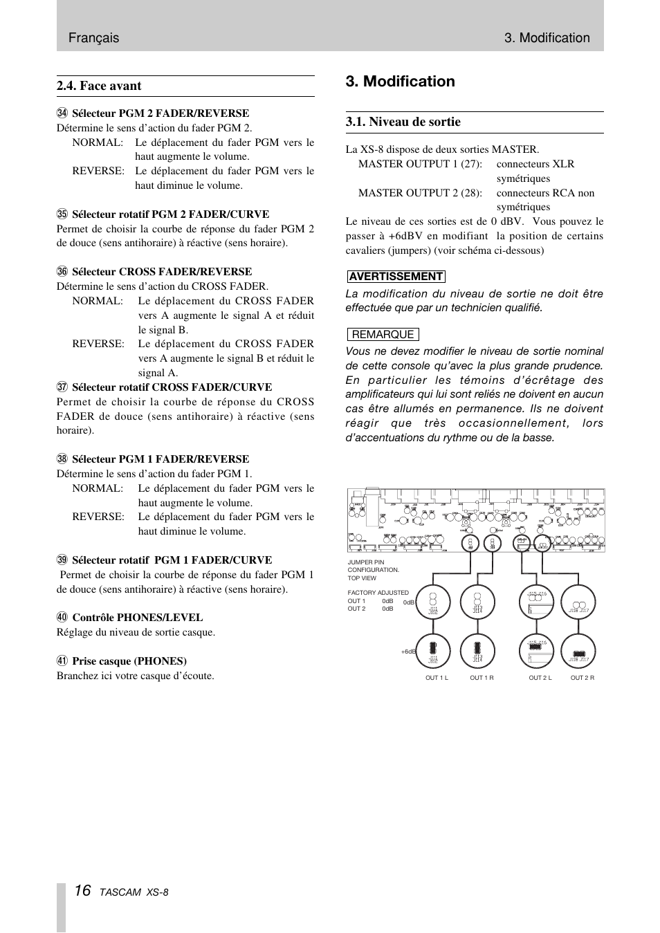 Modification, Français 3. modification 2.4. face avant, Niveau de sortie | Tascam XS-8 User Manual | Page 16 / 40