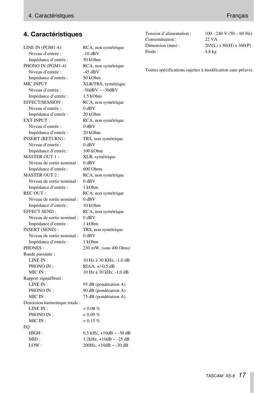 Caractéristiques | Tascam XS-8 User Manual | Page 17 / 40