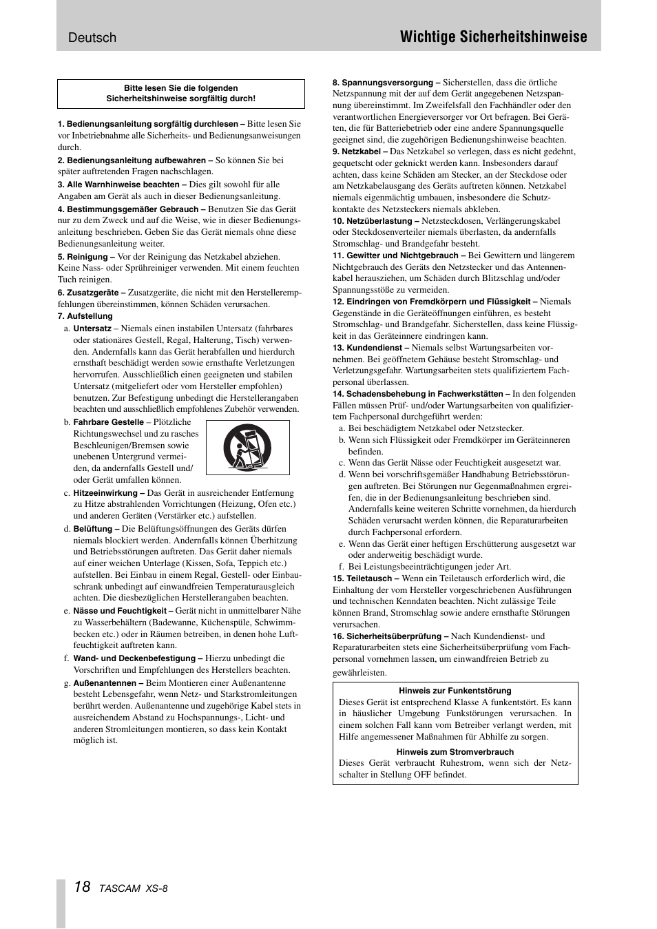 Wichtige sicherheitshinweise, Deutsch | Tascam XS-8 User Manual | Page 18 / 40