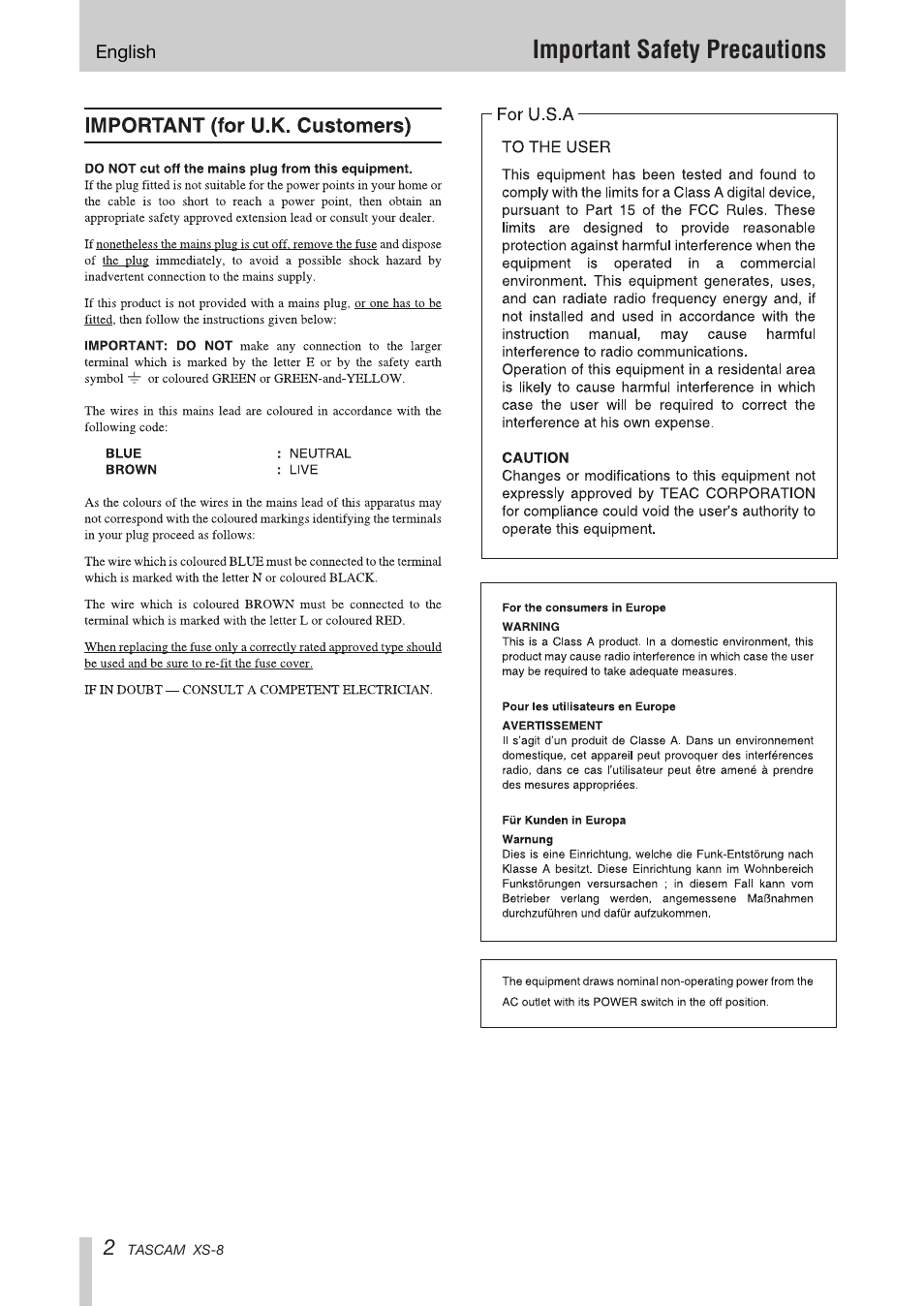 Important safety precautions | Tascam XS-8 User Manual | Page 2 / 40