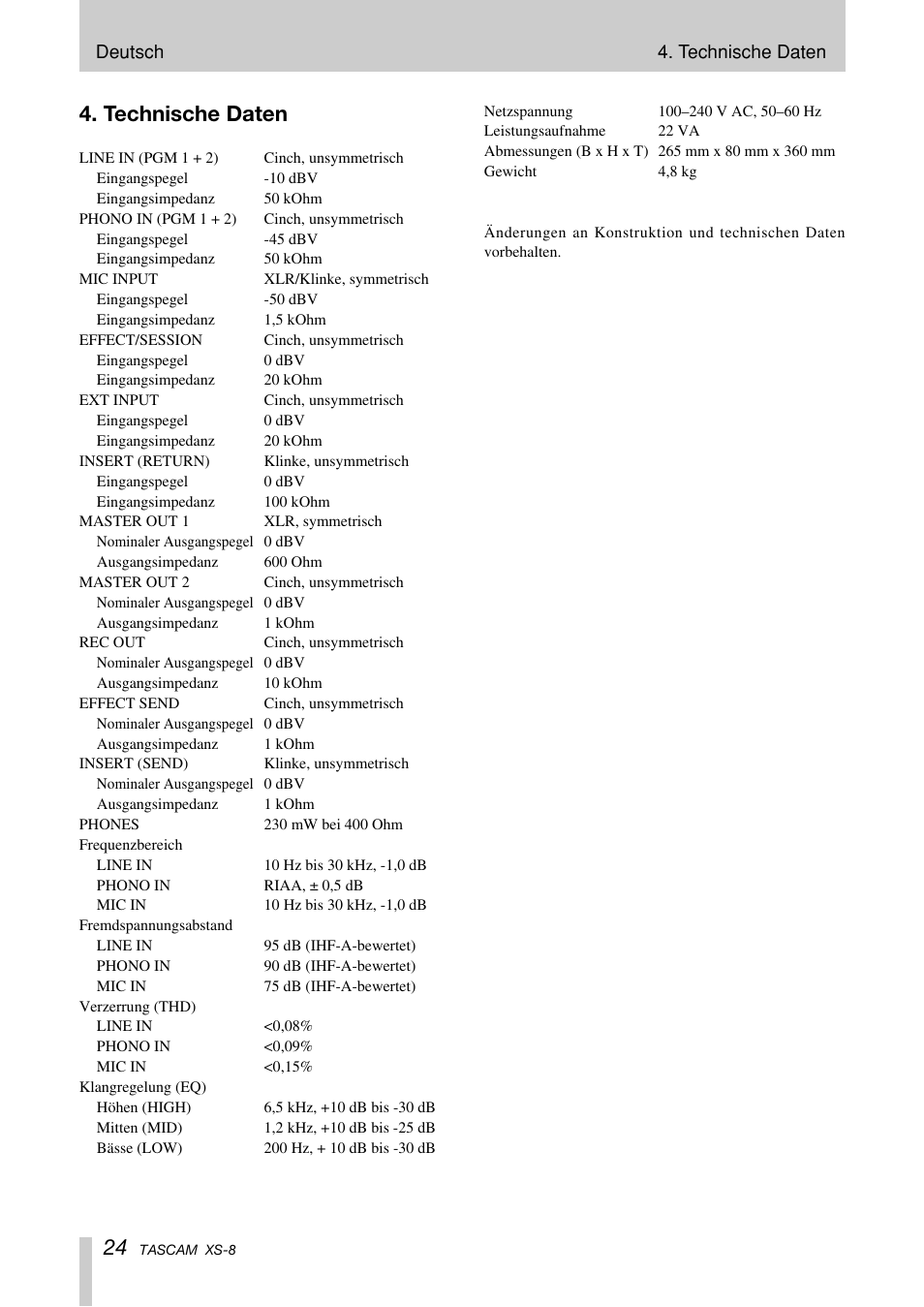 Technische daten | Tascam XS-8 User Manual | Page 24 / 40