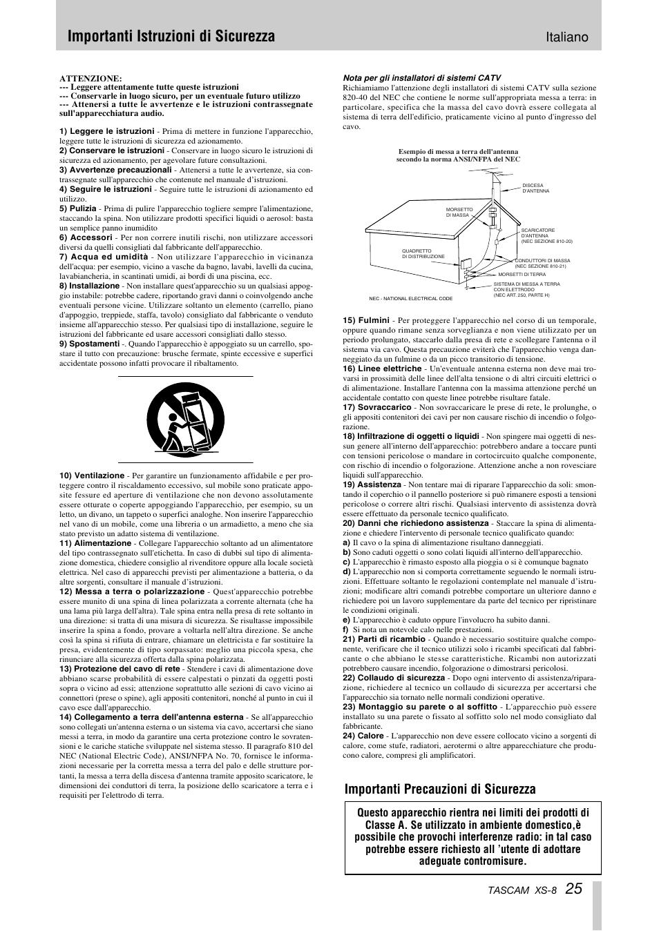 25 importanti istruzioni di sicurezza, Italiano, Importanti precauzioni di sicurezza | Tascam XS-8 User Manual | Page 25 / 40