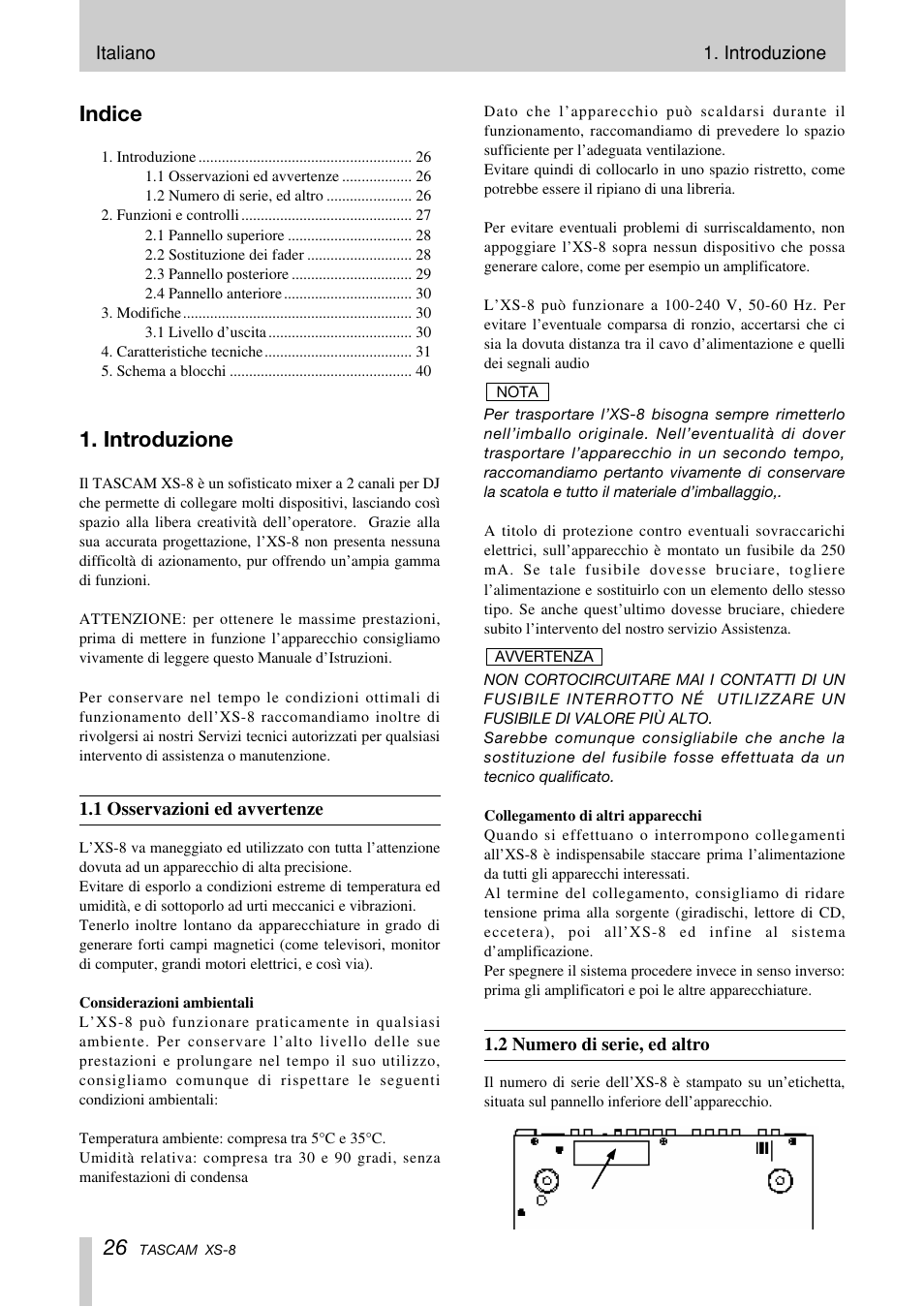 Indice, Introduzione | Tascam XS-8 User Manual | Page 26 / 40