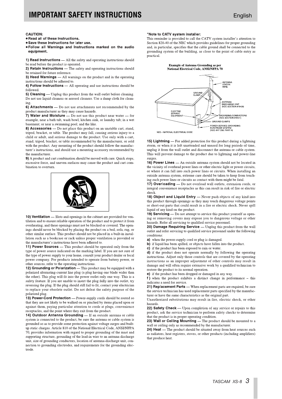 Important safety instructions | Tascam XS-8 User Manual | Page 3 / 40