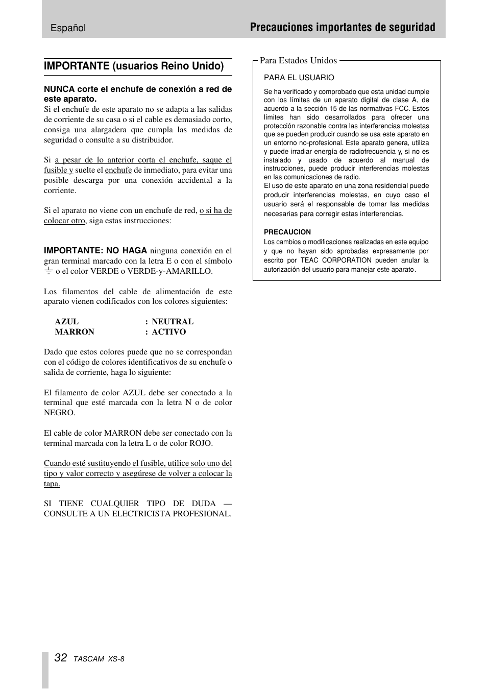 Precauciones importantes de seguridad, Importante (usuarios reino unido) | Tascam XS-8 User Manual | Page 32 / 40