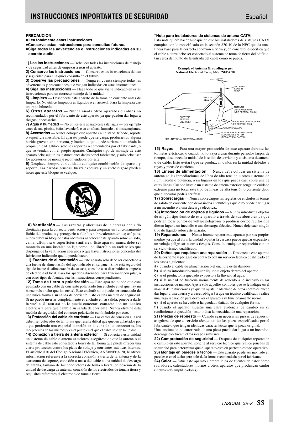 33 instrucciones importantes de seguridad, Español, Tascam xs-8 | Tascam XS-8 User Manual | Page 33 / 40