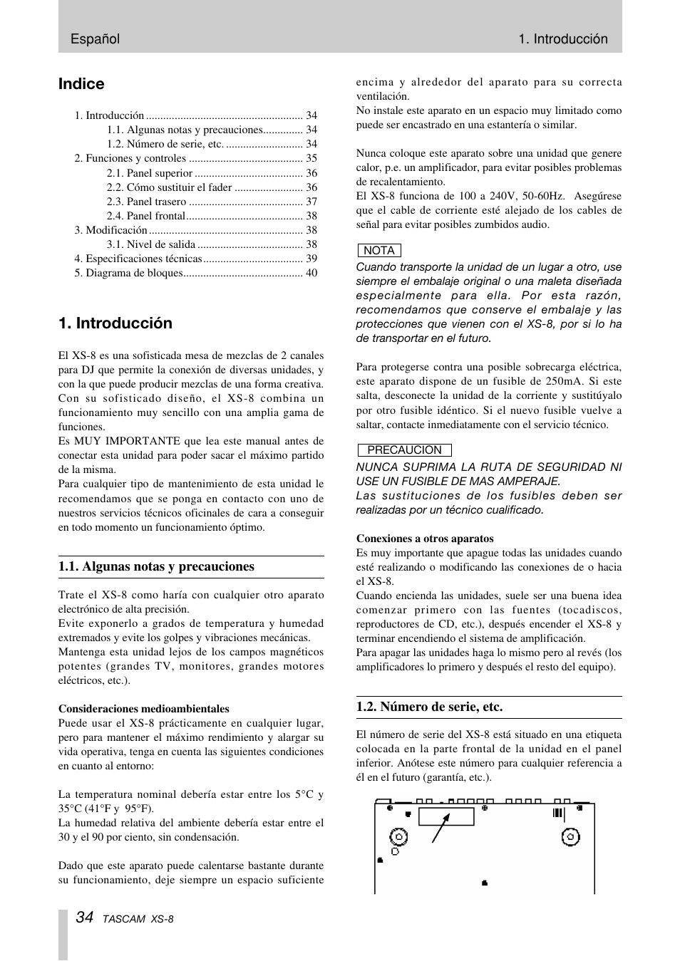 Indice, Introducción | Tascam XS-8 User Manual | Page 34 / 40