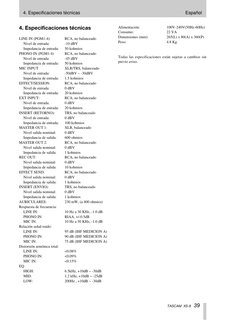 Especificaciones técnicas | Tascam XS-8 User Manual | Page 39 / 40