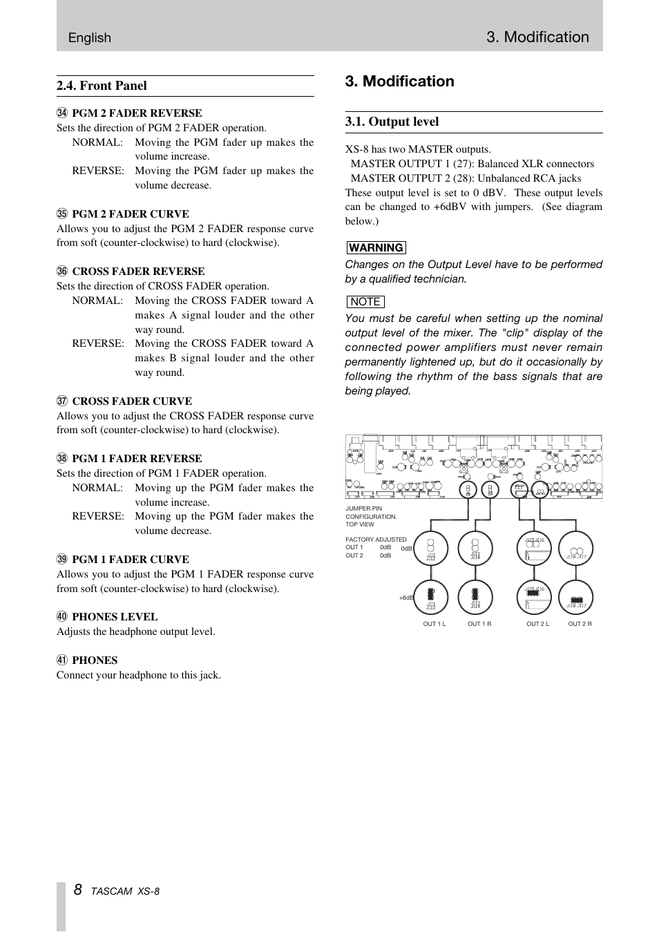 Modification, English, Front panel | Output level | Tascam XS-8 User Manual | Page 8 / 40