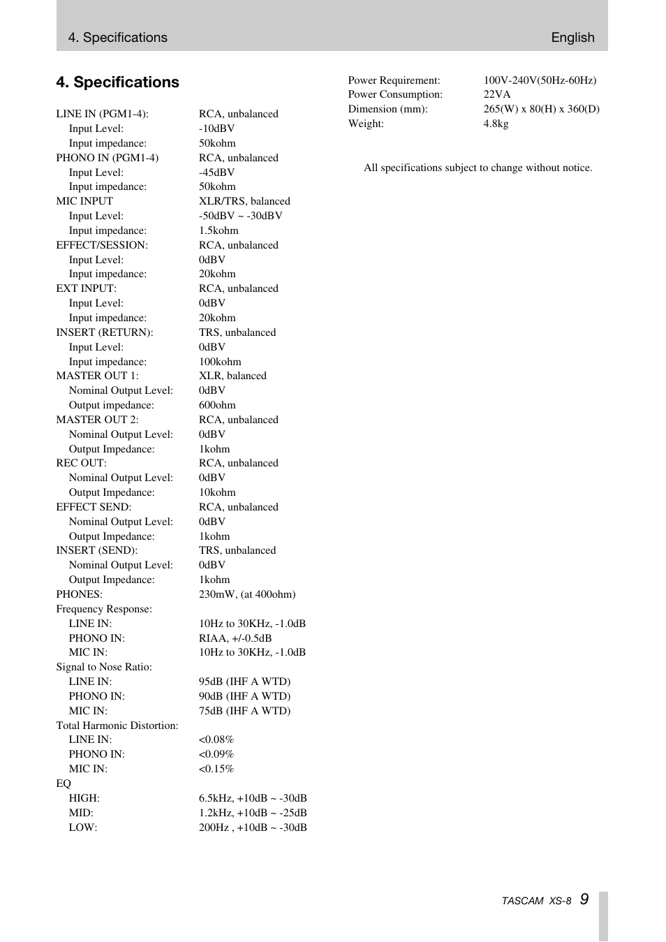 Specifications | Tascam XS-8 User Manual | Page 9 / 40