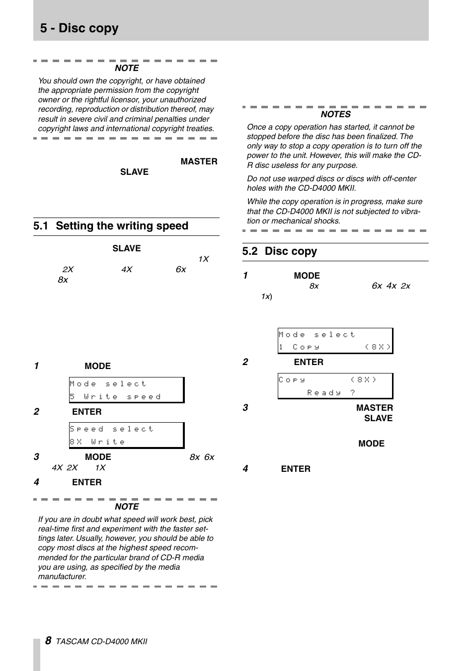 5 - disc copy, 1 setting the writing speed, 2 disc copy | Tascam CD-D4000 MKII User Manual | Page 8 / 12