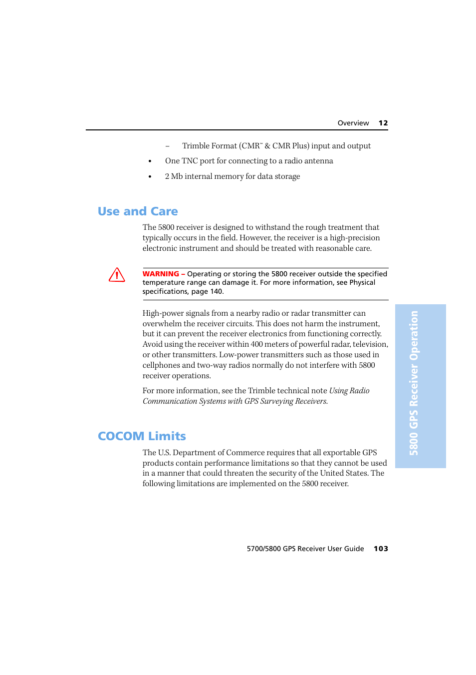 Use and care, Cocom limits, Use and care cocom limits | 5800 gps receiver oper ation | Trimble Outdoors 5700/5800 User Manual | Page 115 / 208