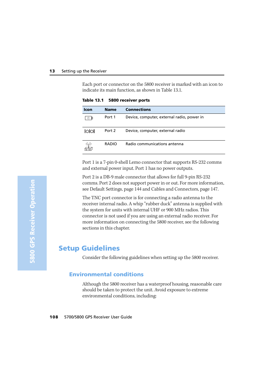 Setup guidelines, Environmental conditions, 5800 gps receiver oper ation | Trimble Outdoors 5700/5800 User Manual | Page 120 / 208