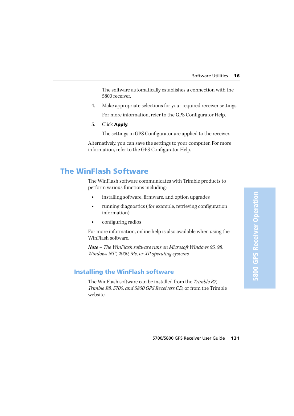 The winflash software, Installing the winflash software, 5800 gps receiver oper ation | Trimble Outdoors 5700/5800 User Manual | Page 143 / 208