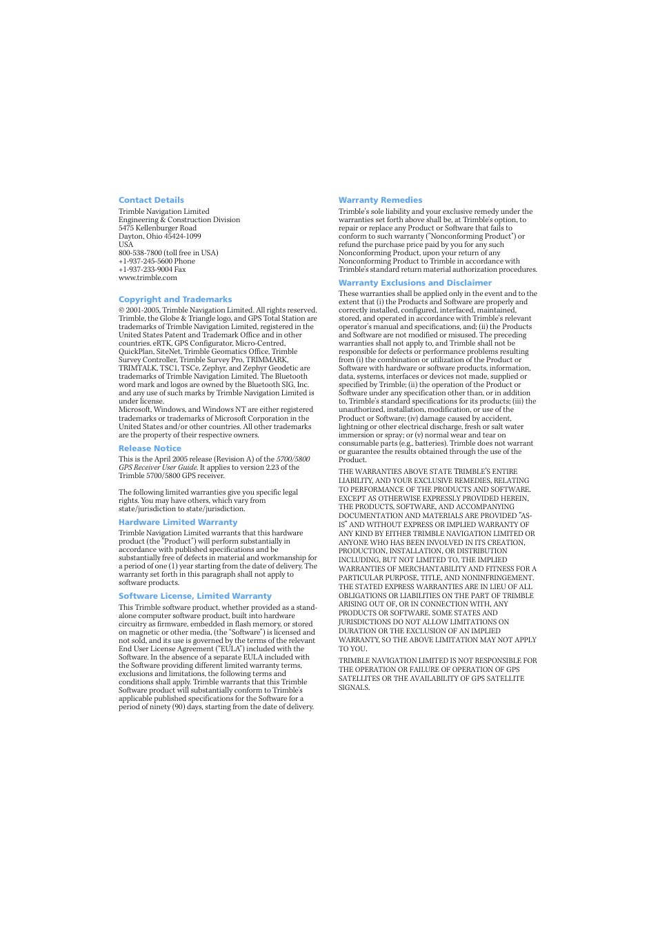 Trimble Outdoors 5700/5800 User Manual | Page 2 / 208