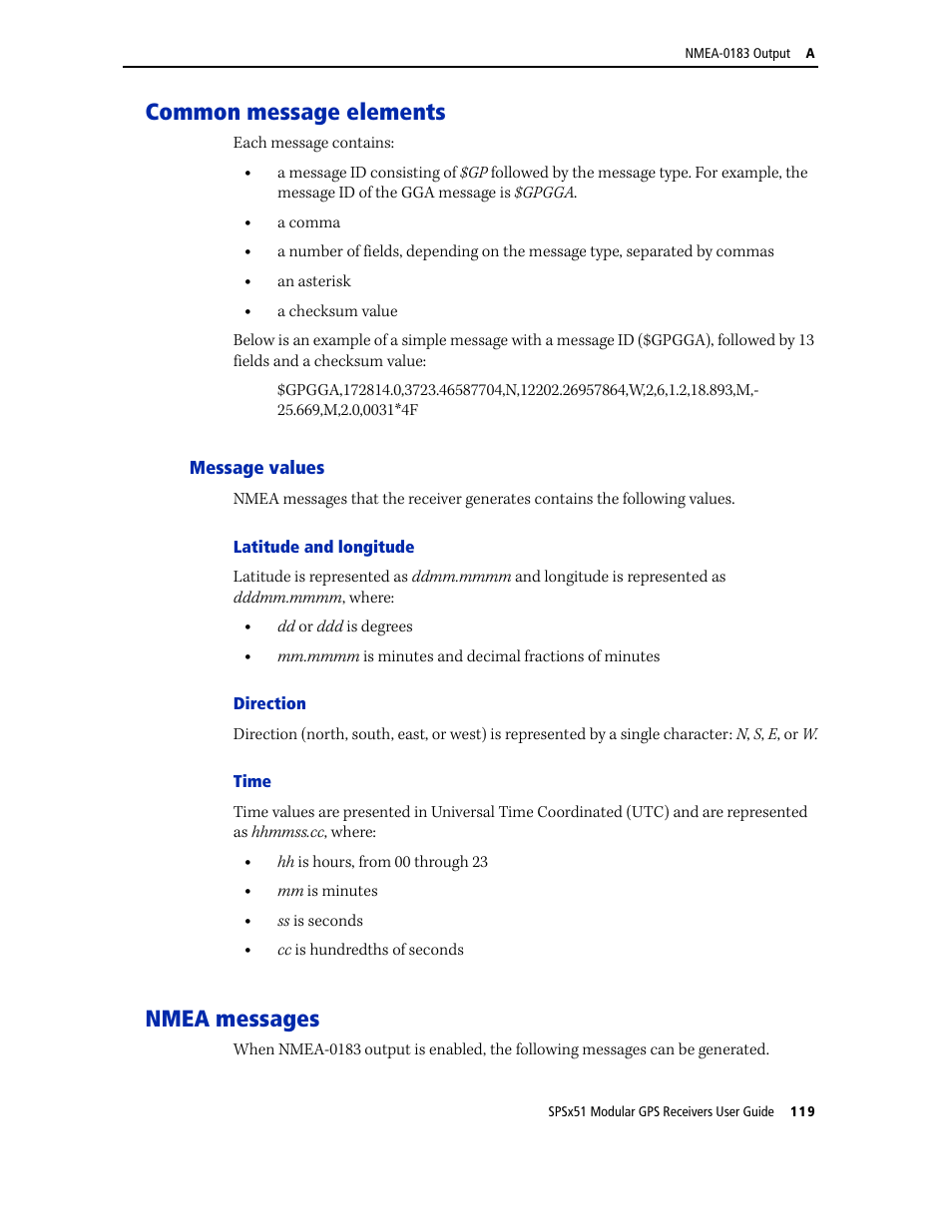 Common message elements, Message values, Nmea messages | Trimble Outdoors SPSX51 User Manual | Page 121 / 188