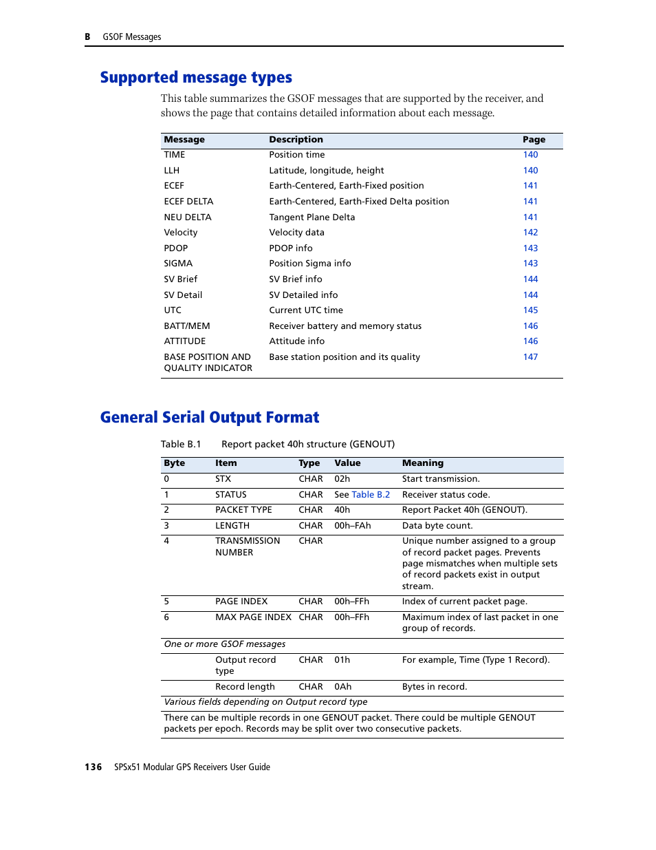 Supported message types, General serial output format | Trimble Outdoors SPSX51 User Manual | Page 138 / 188