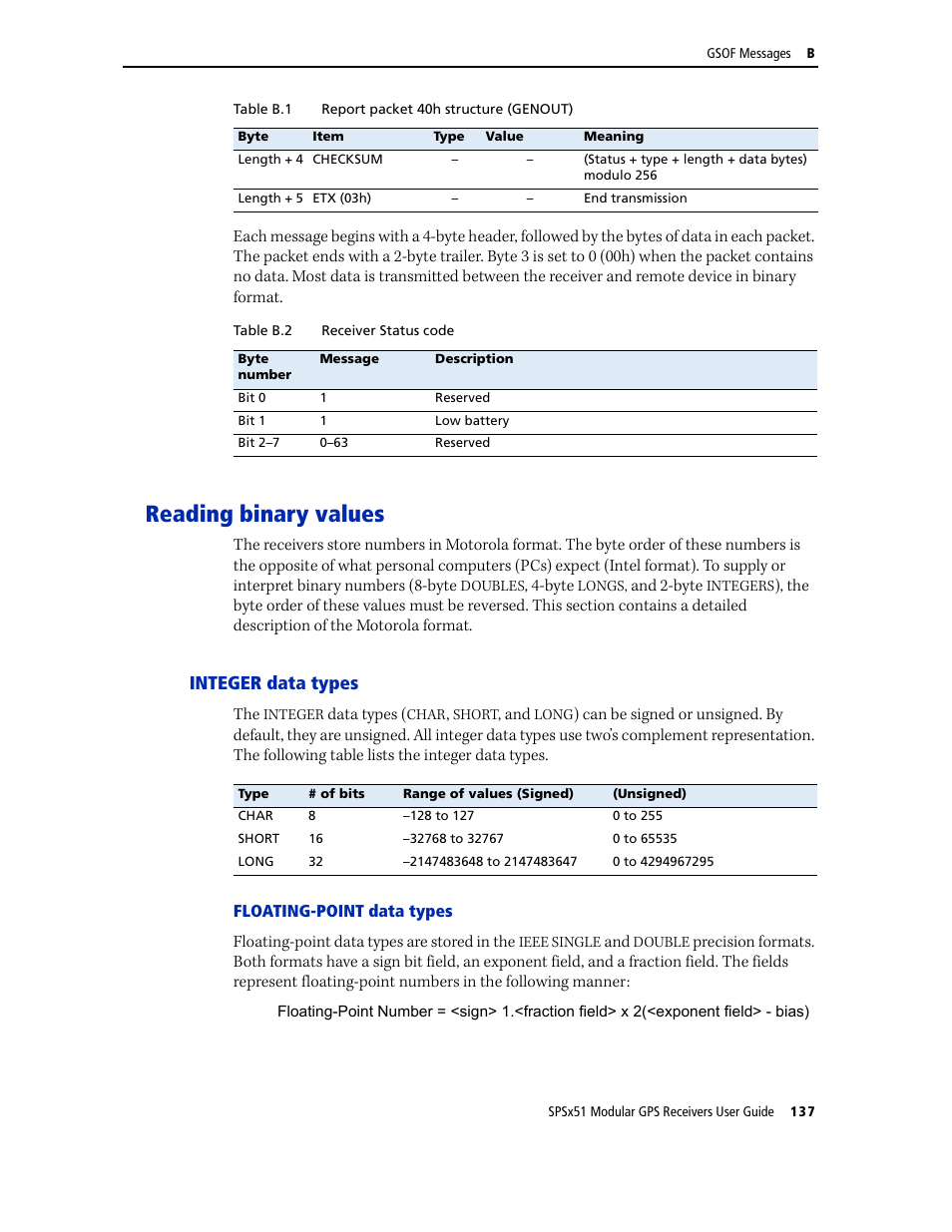 Reading binary values, Integer data types, Table b.2 | Trimble Outdoors SPSX51 User Manual | Page 139 / 188