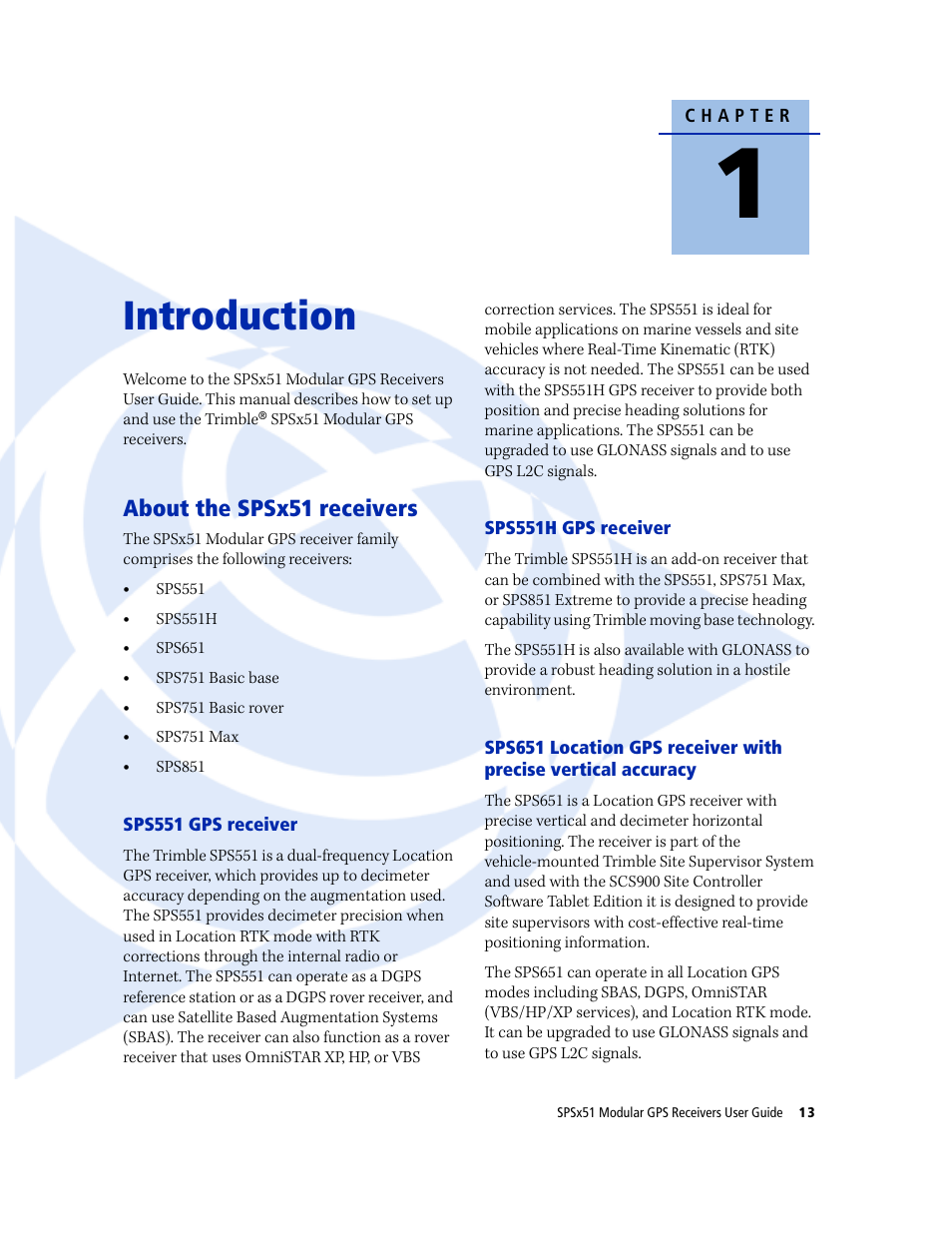 Introduction, About the spsx51 receivers, Sps551 gps receiver | Sps551h gps receiver | Trimble Outdoors SPSX51 User Manual | Page 15 / 188