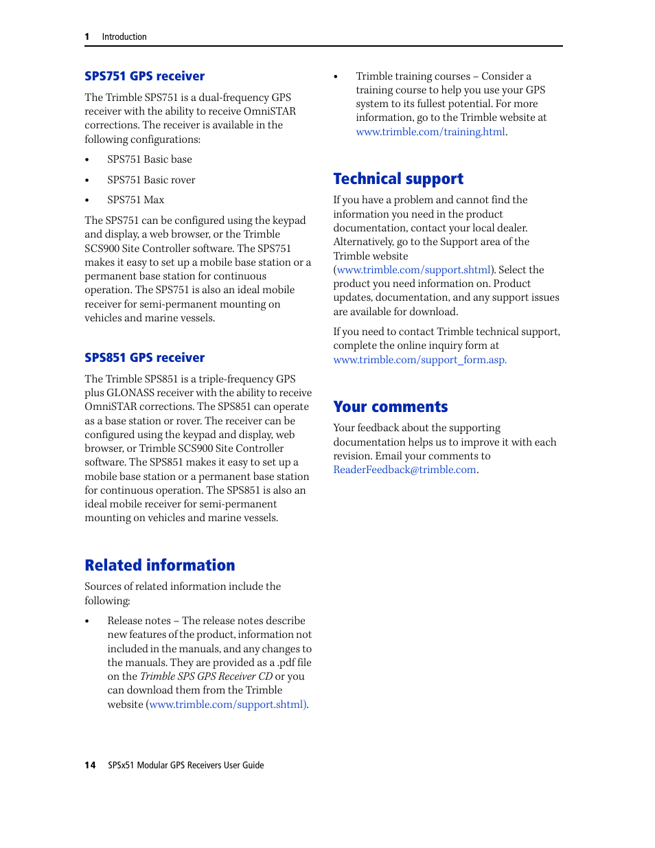 Sps751 gps receiver, Sps851 gps receiver, Related information | Technical support, Your comments, Sps751 gps receiver sps851 gps receiver | Trimble Outdoors SPSX51 User Manual | Page 16 / 188