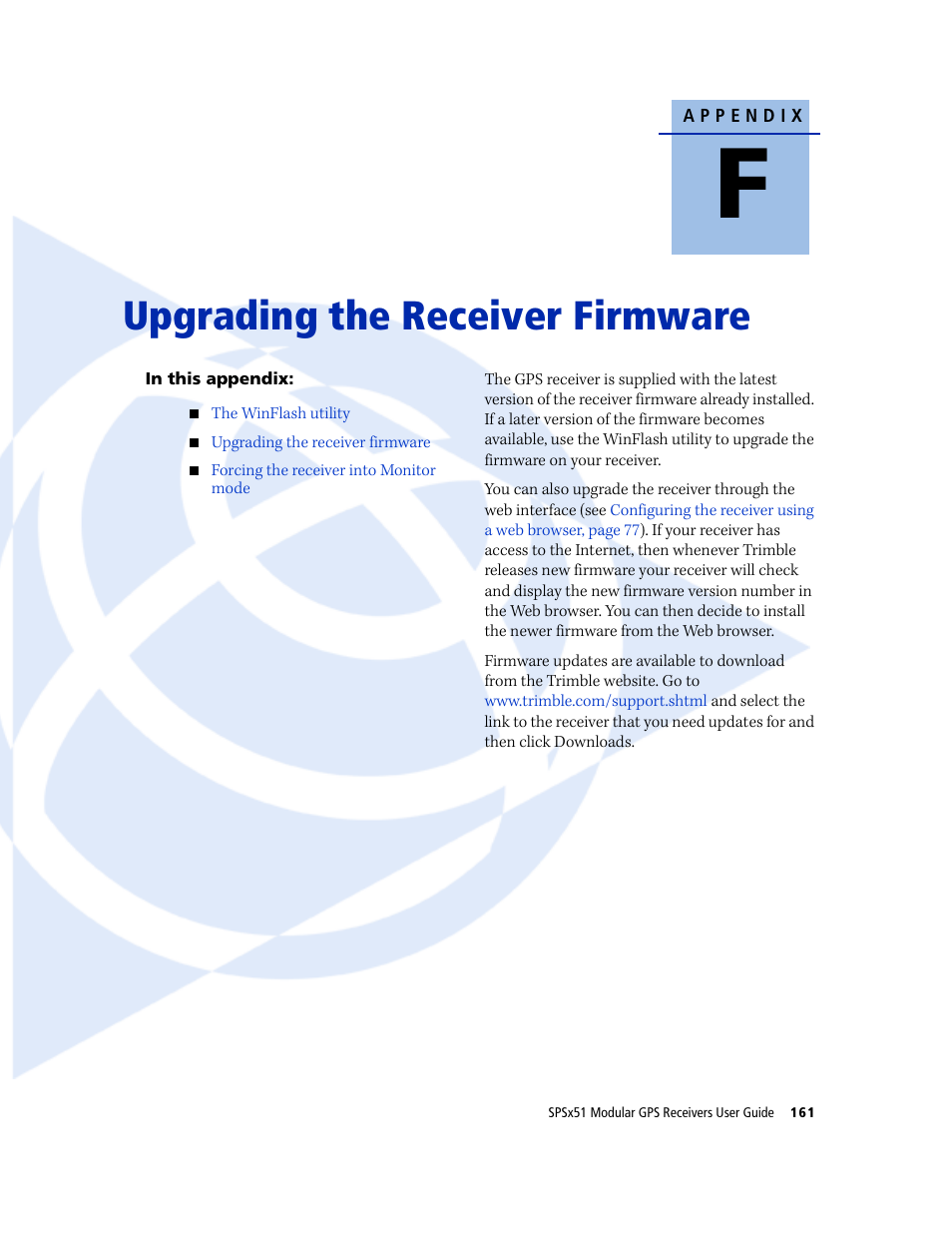 Upgrading the receiver firmware | Trimble Outdoors SPSX51 User Manual | Page 163 / 188
