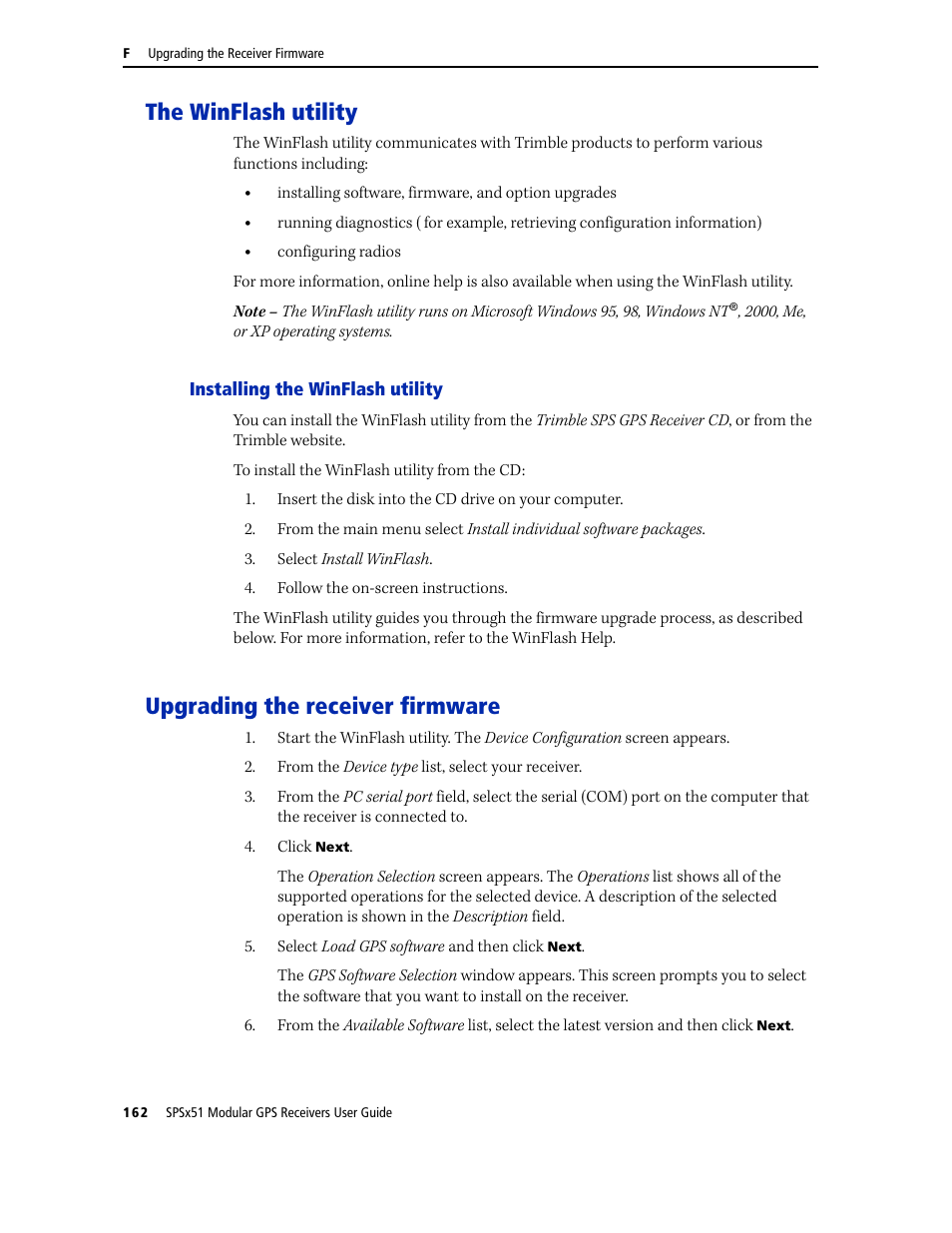 The winflash utility, Installing the winflash utility, Upgrading the receiver firmware | Trimble Outdoors SPSX51 User Manual | Page 164 / 188