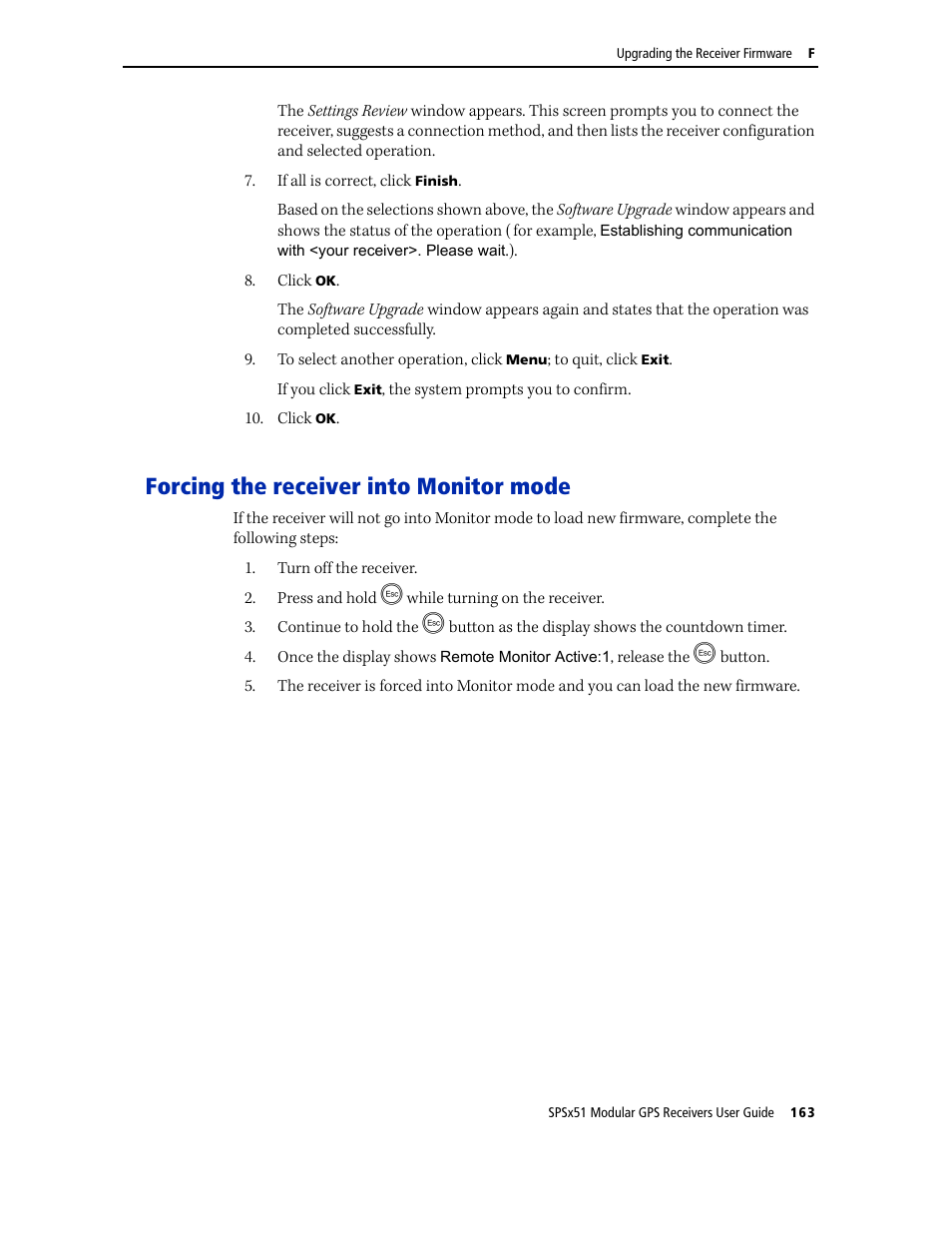 Forcing the receiver into monitor mode | Trimble Outdoors SPSX51 User Manual | Page 165 / 188