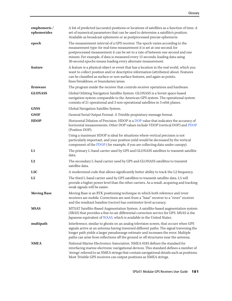 Emphemeris / ephemerides, Glonass, Hdop | Trimble Outdoors SPSX51 User Manual | Page 183 / 188