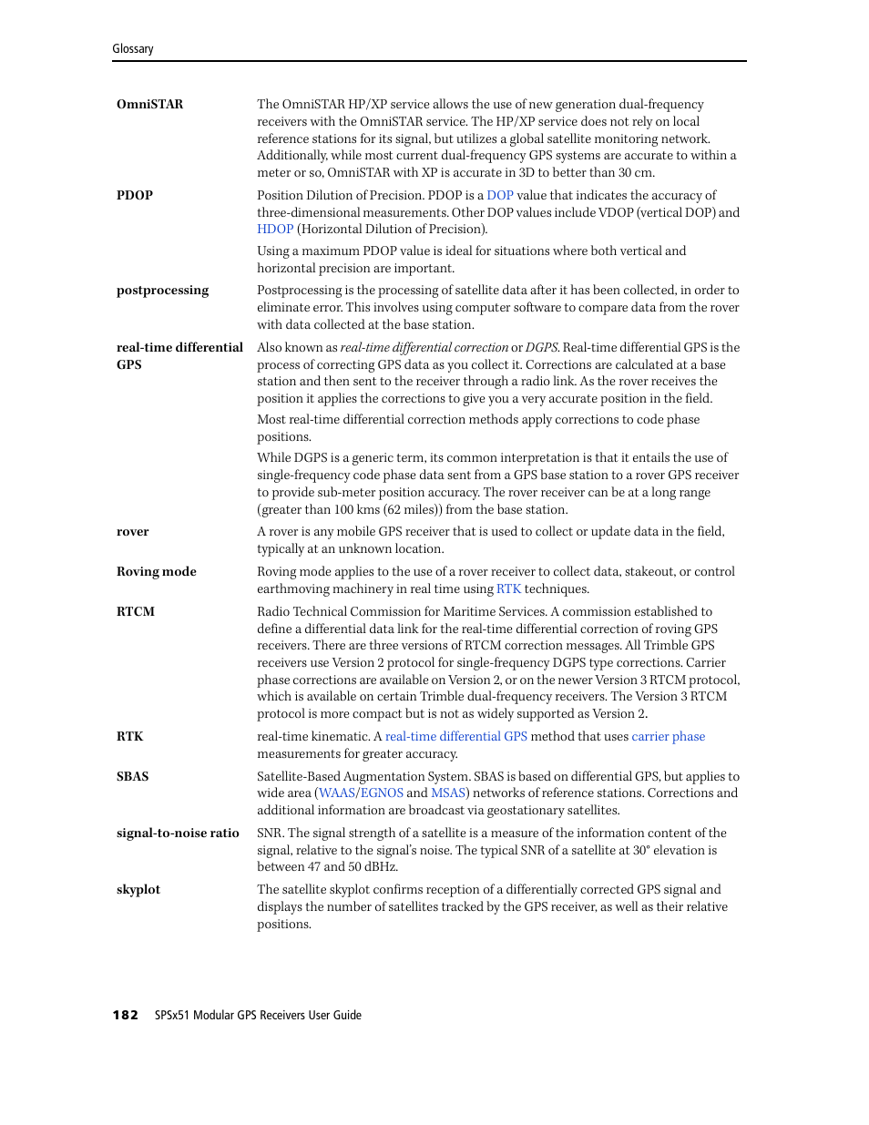 Sbas, Rtcm, Real-time differential gps | D on a, Rover, Postprocessing, Pdop | Trimble Outdoors SPSX51 User Manual | Page 184 / 188